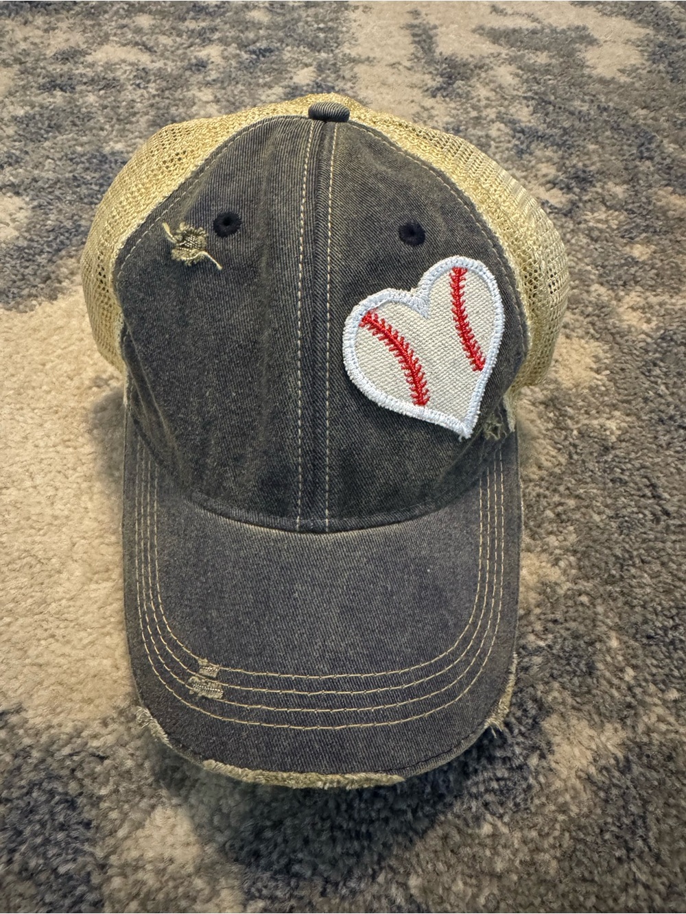 Washed and Distressed Hat with Baseball Heart Patch